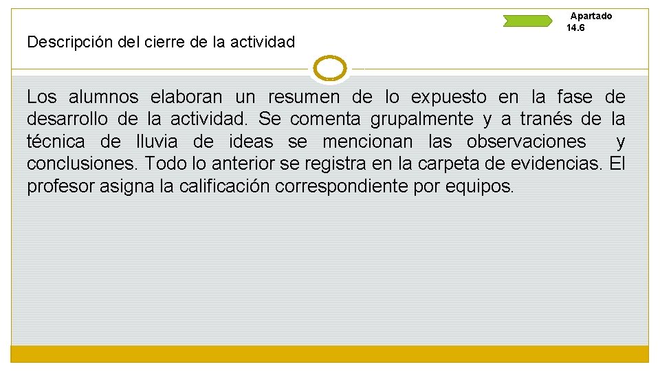 Descripción del cierre de la actividad Apartado 14. 6 Los alumnos elaboran un resumen
