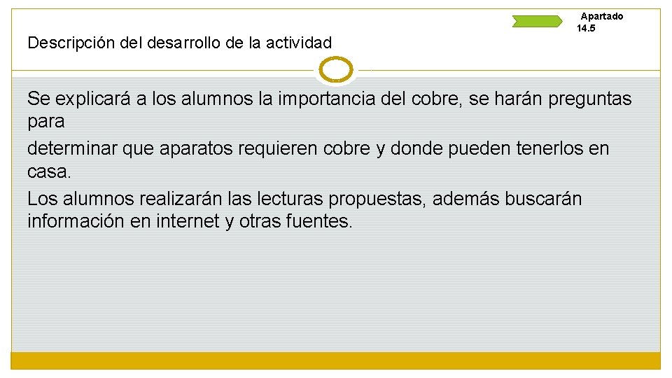Descripción del desarrollo de la actividad Apartado 14. 5 Se explicará a los alumnos
