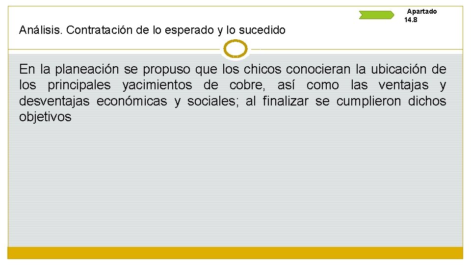 Análisis. Contratación de lo esperado y lo sucedido Apartado 14. 8 En la planeación