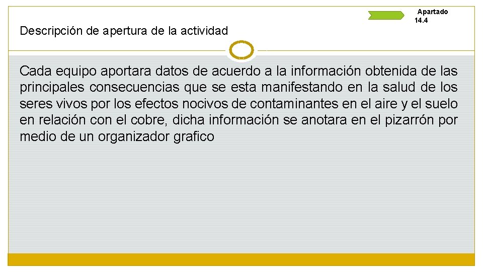 Descripción de apertura de la actividad Apartado 14. 4 Cada equipo aportara datos de