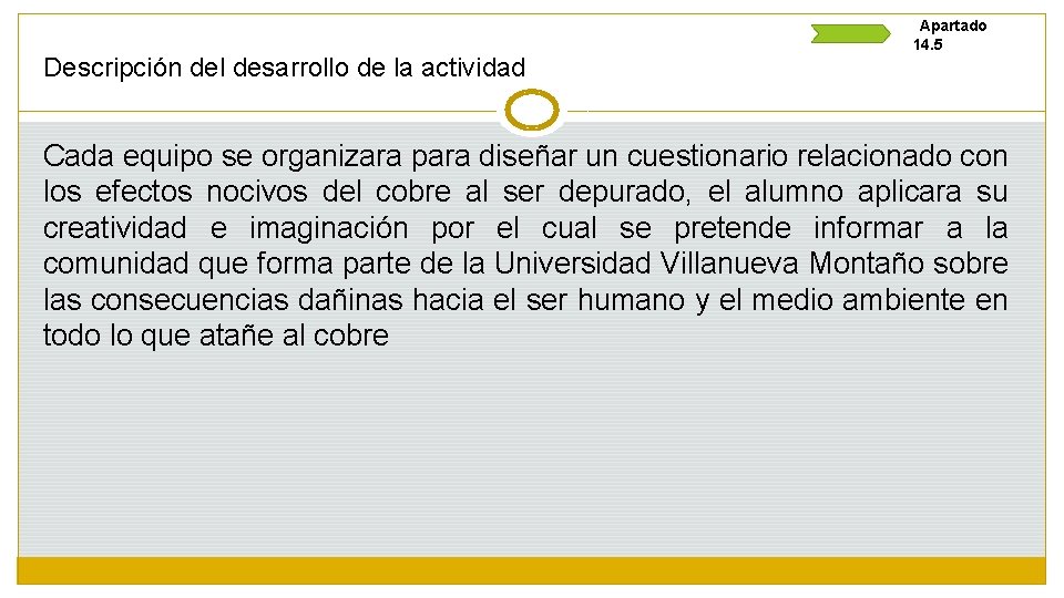 Descripción del desarrollo de la actividad Apartado 14. 5 Cada equipo se organizara para