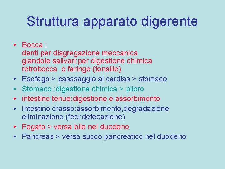 Struttura apparato digerente • Bocca : denti per disgregazione meccanica giandole salivari: per digestione