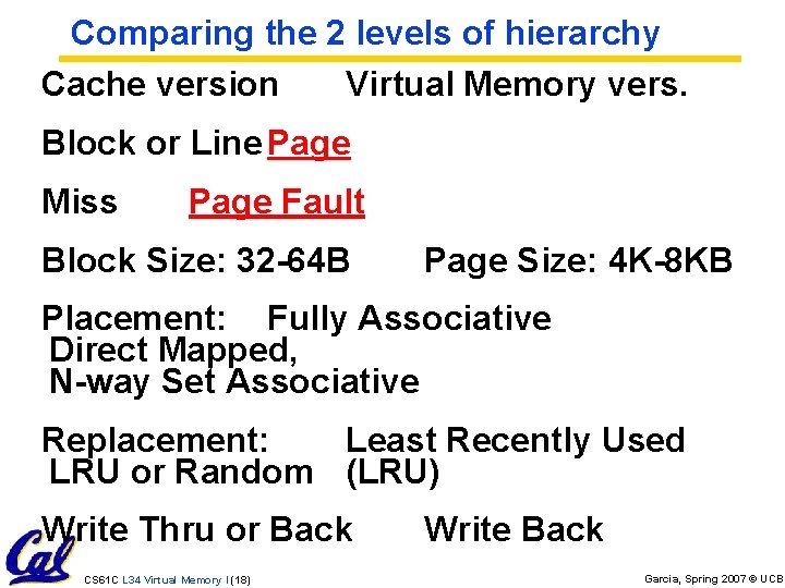 Comparing the 2 levels of hierarchy Cache version Virtual Memory vers. Block or Line