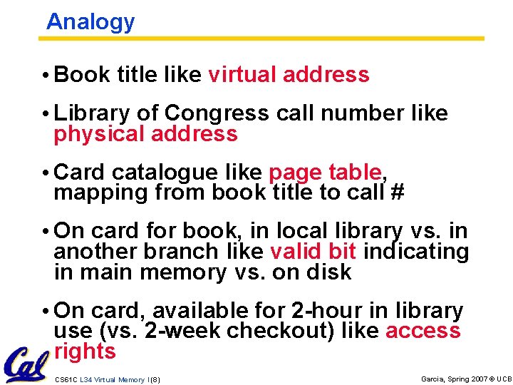 Analogy • Book title like virtual address • Library of Congress call number like