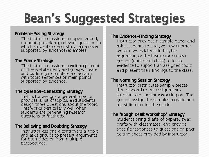 Bean’s Suggested Strategies Problem-Posing Strategy The instructor assigns an open-ended, thought-provoking, relevant question to