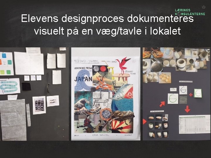 Elevens designproces dokumenteres visuelt på en væg/tavle i lokalet 