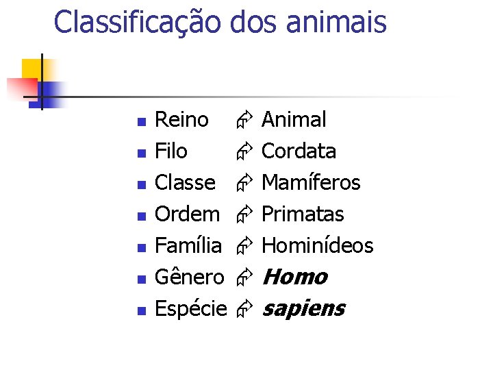 Classificação dos animais n n n n Reino Filo Classe Ordem Família Gênero Espécie