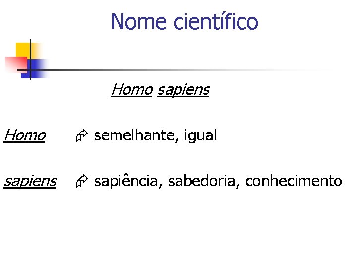 Nome científico Homo sapiens Homo semelhante, igual sapiens sapiência, sabedoria, conhecimento 