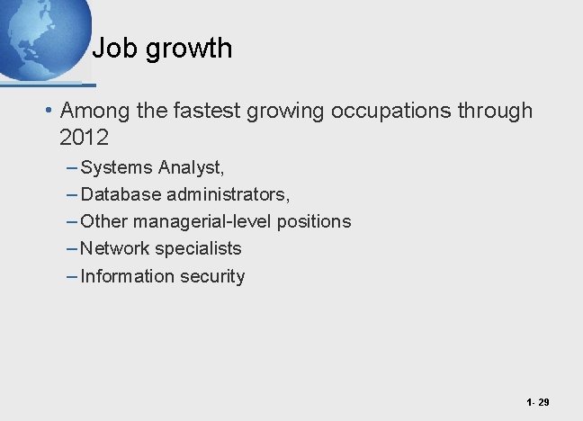 Job growth • Among the fastest growing occupations through 2012 – Systems Analyst, –