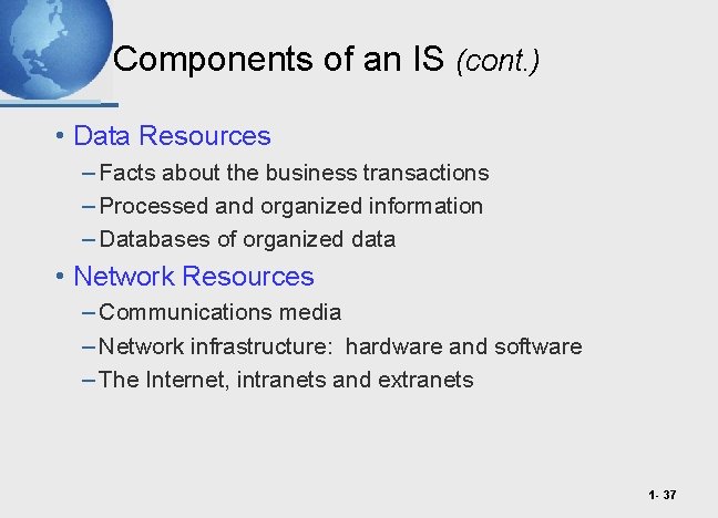 Components of an IS (cont. ) • Data Resources – Facts about the business
