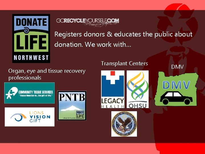 Registers donors & educates the public about donation. We work with… Organ, eye and