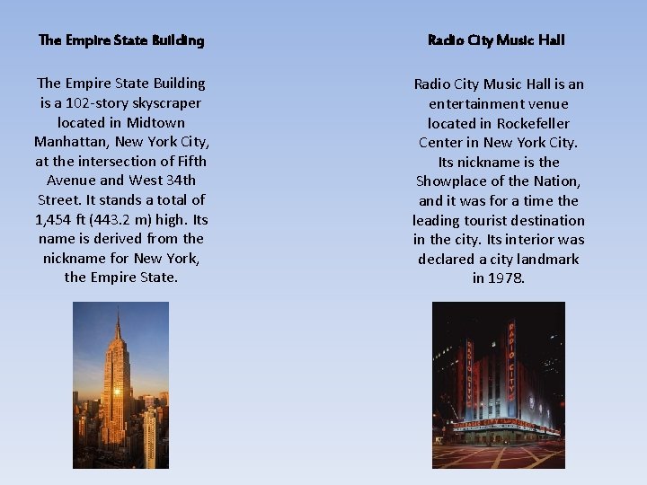 The Empire State Building Radio City Music Hall The Empire State Building is a