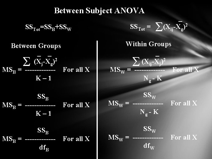 Between Subject ANOVA SSTot=SSB+SSW SSTot = Σ _ (Xij-Xg)2 Between Groups _ _ (Xj-Xg)2