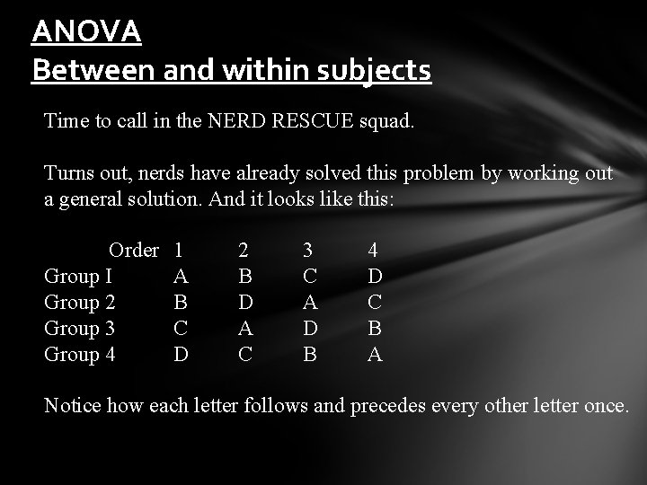 ANOVA Between and within subjects Time to call in the NERD RESCUE squad. Turns