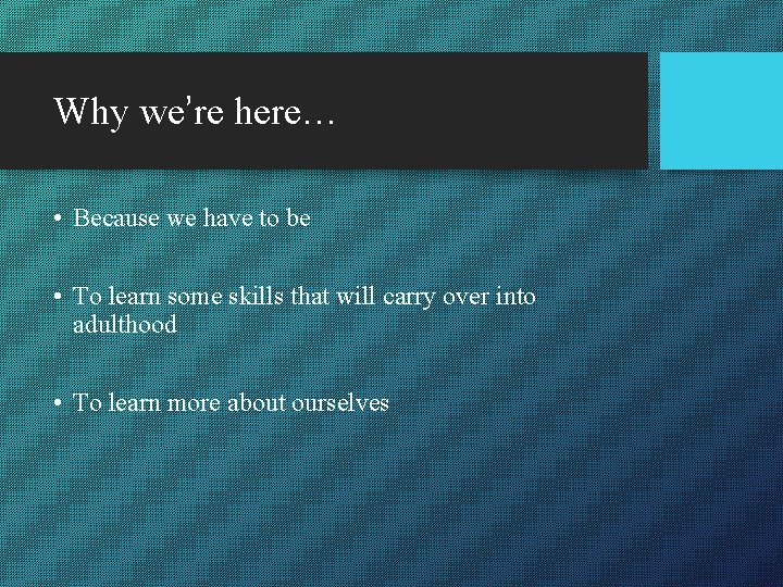 Why we’re here… • Because we have to be • To learn some skills