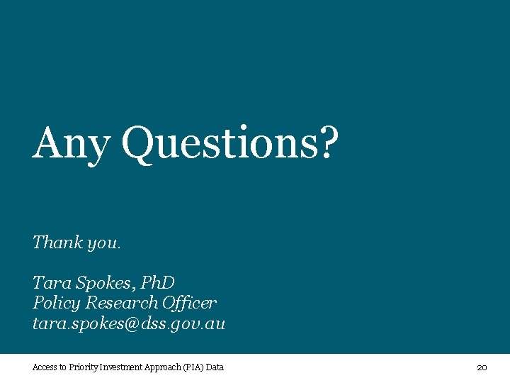 Any Questions? Thank you. Tara Spokes, Ph. D Policy Research Officer tara. spokes@dss. gov.