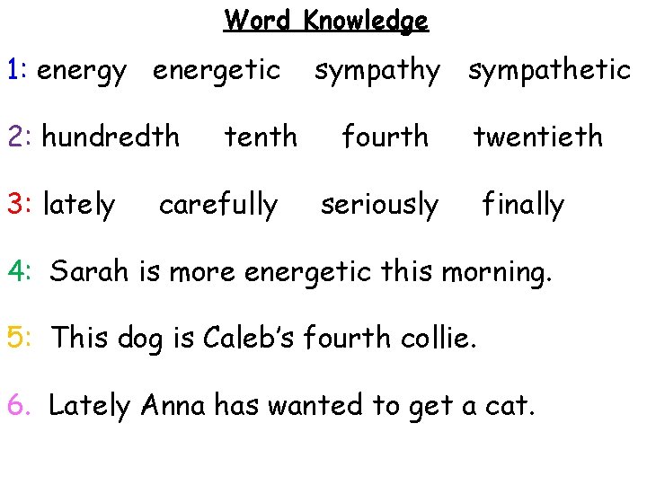 Word Knowledge 1: energy energetic 2: hundredth 3: lately tenth carefully sympathetic fourth twentieth