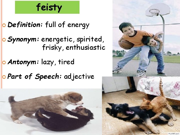 feisty Definition: full of energy Synonym: energetic, spirited, frisky, enthusiastic Antonym: lazy, tired Part