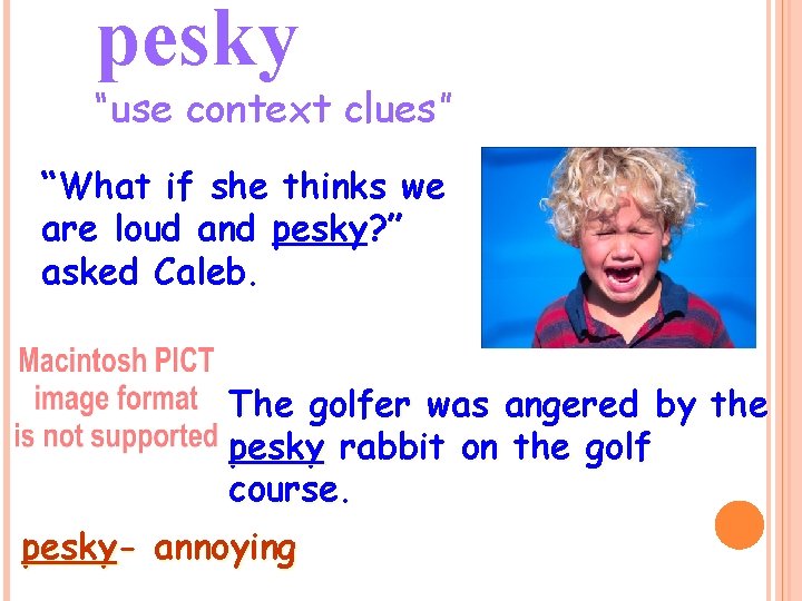 pesky “use context clues” “What if she thinks we are loud and pesky? ”