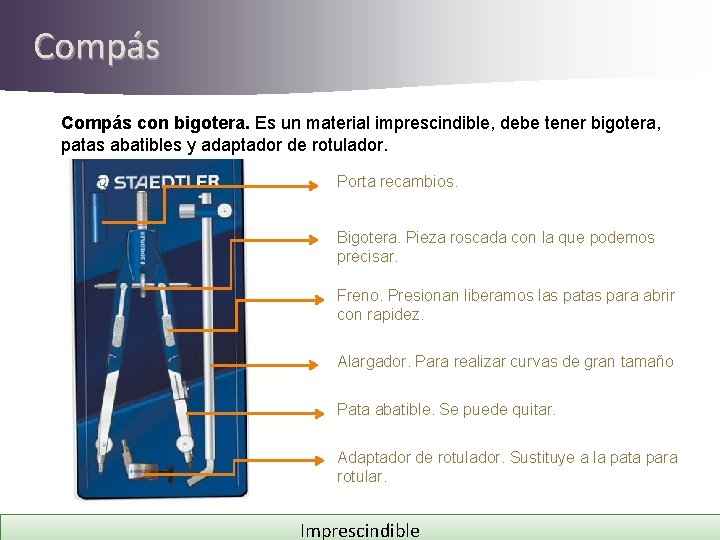 Compás con bigotera. Es un material imprescindible, debe tener bigotera, patas abatibles y adaptador