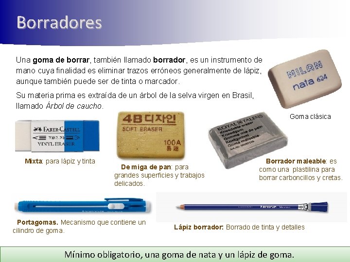 Borradores Una goma de borrar, también llamado borrador, es un instrumento de mano cuya