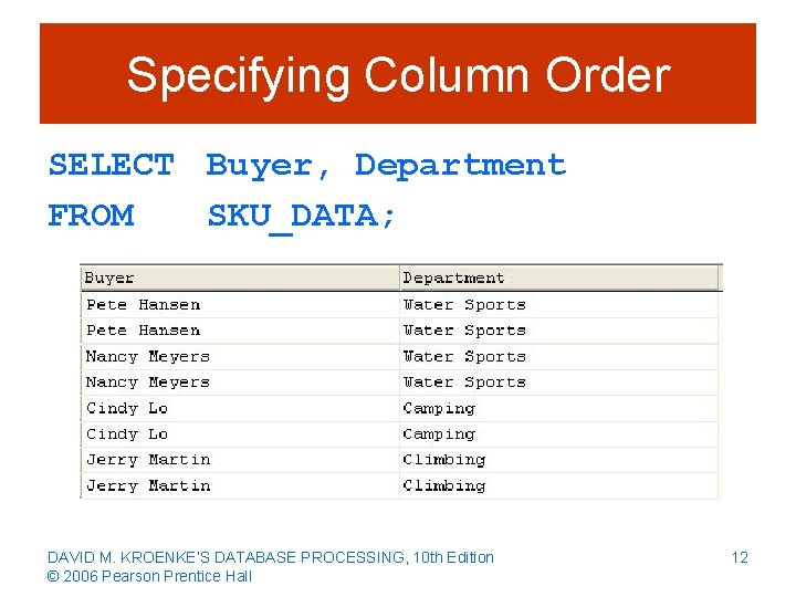 Specifying Column Order SELECT Buyer, Department FROM SKU_DATA; DAVID M. KROENKE’S DATABASE PROCESSING, 10
