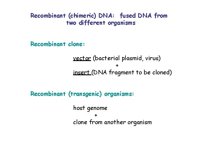 Recombinant (chimeric) DNA: fused DNA from two different organisms Recombinant clone: vector (bacterial plasmid,
