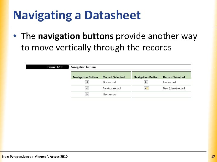 Navigating a Datasheet XP • The navigation buttons provide another way to move vertically