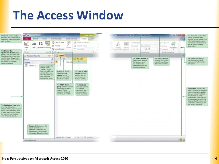 The Access Window New Perspectives on Microsoft Access 2010 XP 4 