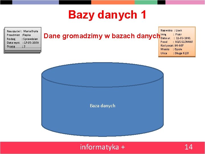 Bazy danych 1 Nauczyciel : Maria Bryła Nauczyciel: : Józef Jan Powaga Nauczyciel Ostry