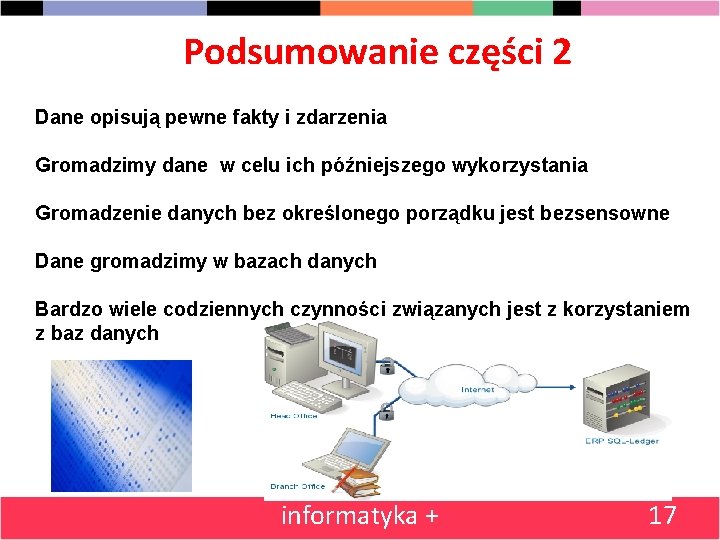 Podsumowanie części 2 Dane opisują pewne fakty i zdarzenia Gromadzimy dane w celu ich