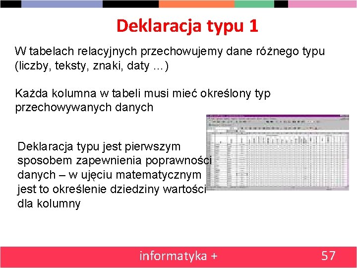 Deklaracja typu 1 W tabelach relacyjnych przechowujemy dane różnego typu (liczby, teksty, znaki, daty