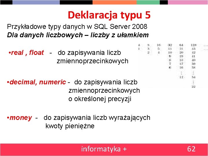 Deklaracja typu 5 Przykładowe typy danych w SQL Server 2008 Dla danych liczbowych –