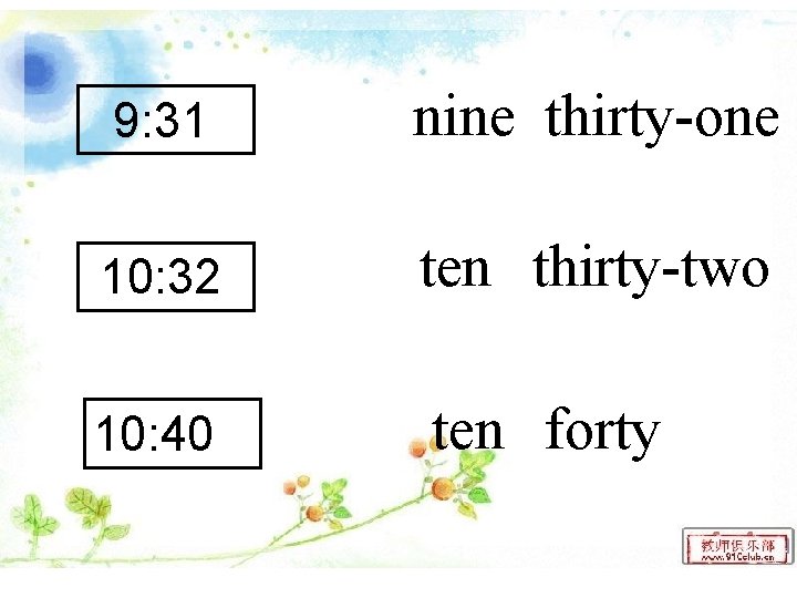 9: 31 nine thirty-one 10: 32 ten thirty-two 10: 40 ten forty 