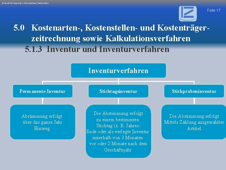 © Skript IHK Augsburg in Überarbeitung Christian Zerle Folie 17 5. 0 Kostenarten-, Kostenstellen-