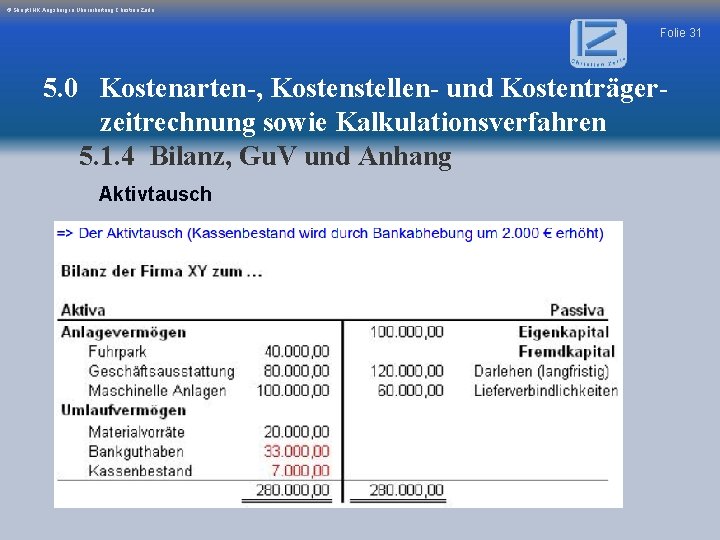 © Skript IHK Augsburg in Überarbeitung Christian Zerle Folie 31 5. 0 Kostenarten-, Kostenstellen-