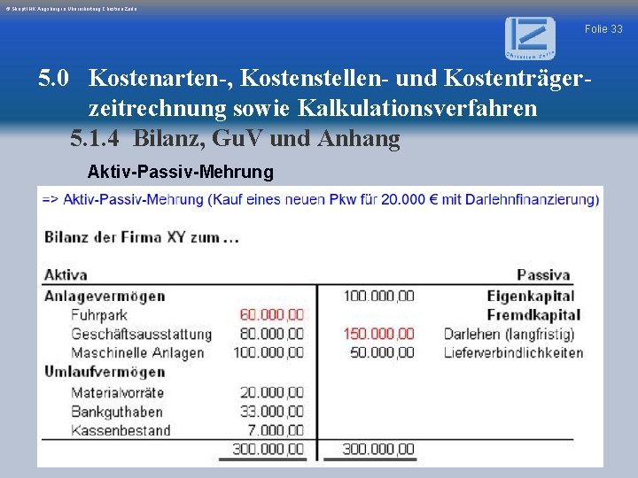 © Skript IHK Augsburg in Überarbeitung Christian Zerle Folie 33 5. 0 Kostenarten-, Kostenstellen-