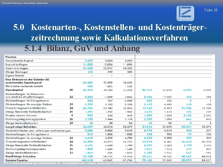 © Skript IHK Augsburg in Überarbeitung Christian Zerle Folie 36 5. 0 Kostenarten-, Kostenstellen-