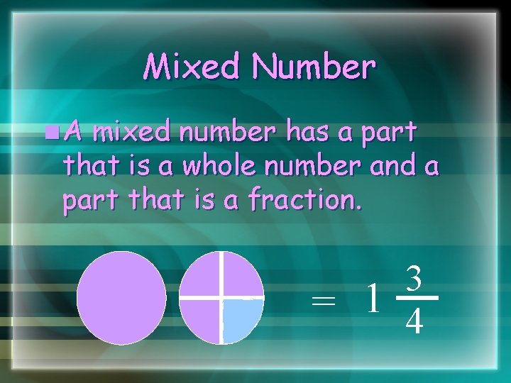 Mixed Number n. A mixed number has a part that is a whole number