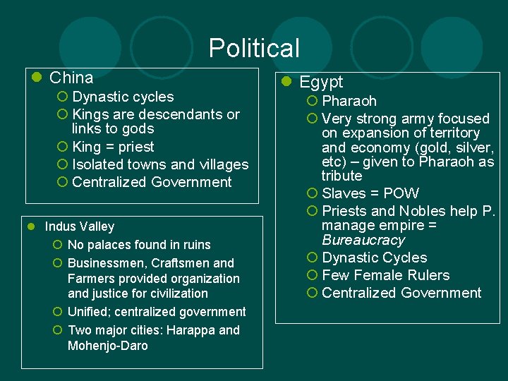 Political l China ¡ Dynastic cycles ¡ Kings are descendants or links to gods