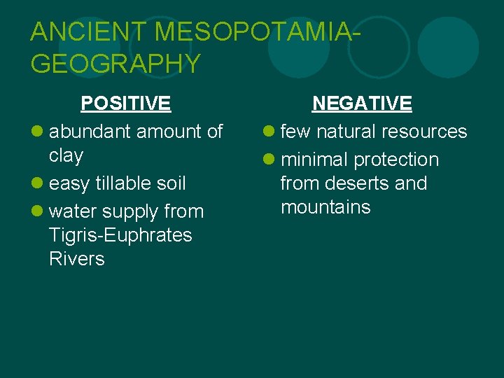 ANCIENT MESOPOTAMIAGEOGRAPHY POSITIVE l abundant amount of clay l easy tillable soil l water
