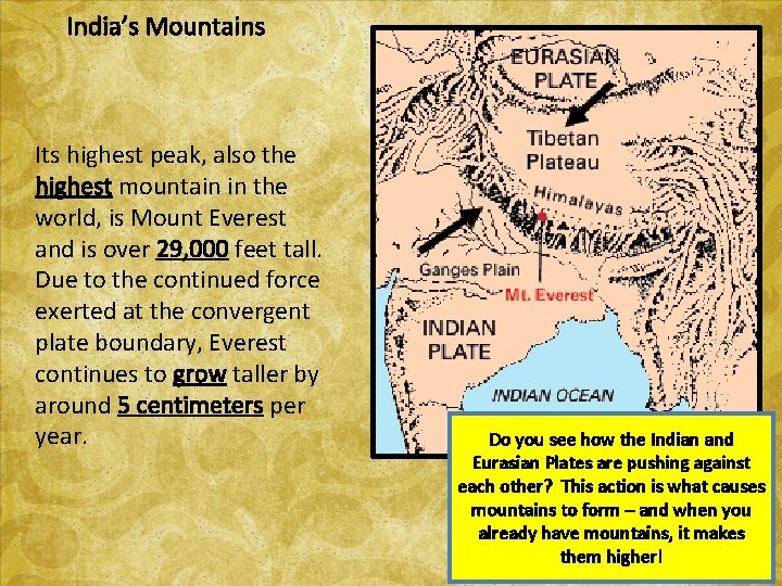 India’s Mountains Its highest peak, also the highest mountain in the world, is Mount