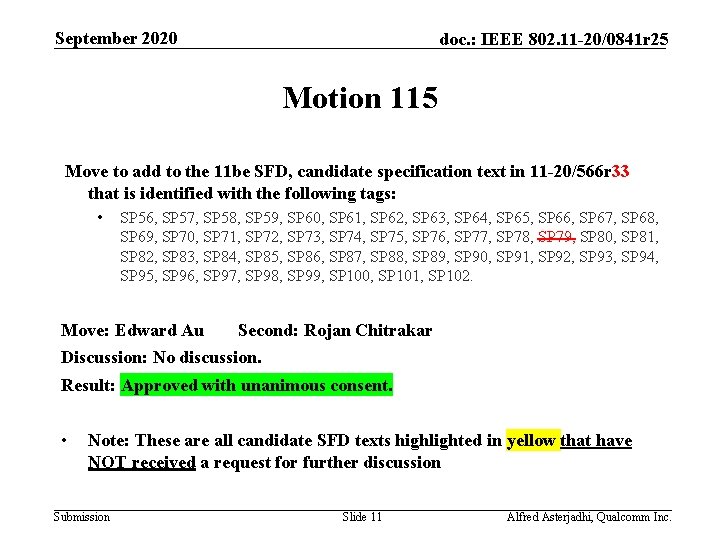 September 2020 doc. : IEEE 802. 11 -20/0841 r 25 Motion 115 Move to