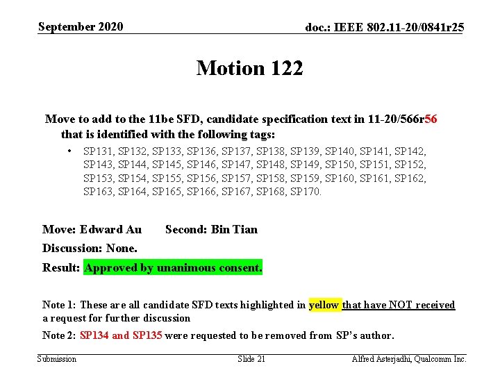 September 2020 doc. : IEEE 802. 11 -20/0841 r 25 Motion 122 Move to
