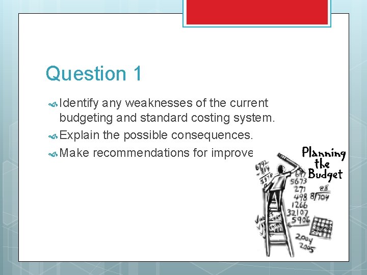 Question 1 Identify any weaknesses of the current budgeting and standard costing system. Explain