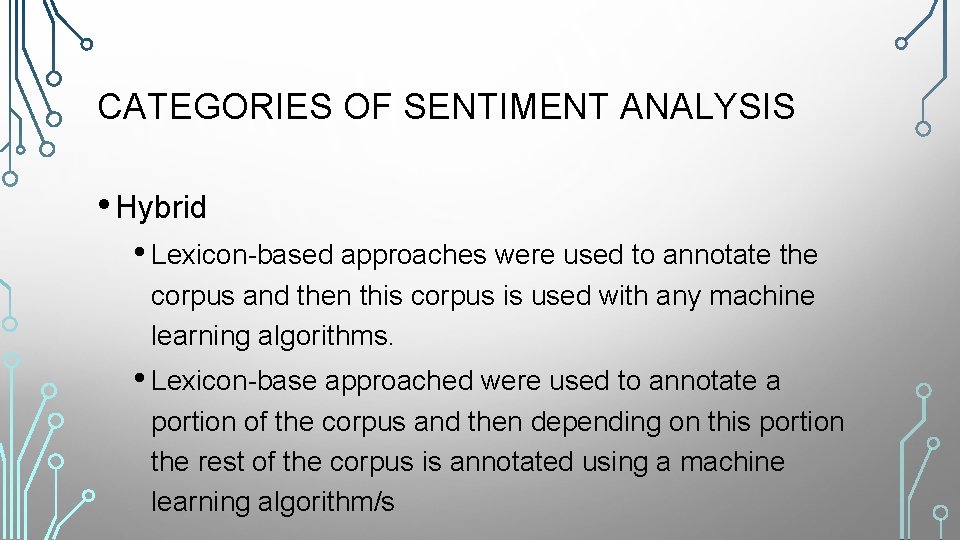 CATEGORIES OF SENTIMENT ANALYSIS • Hybrid • Lexicon-based approaches were used to annotate the