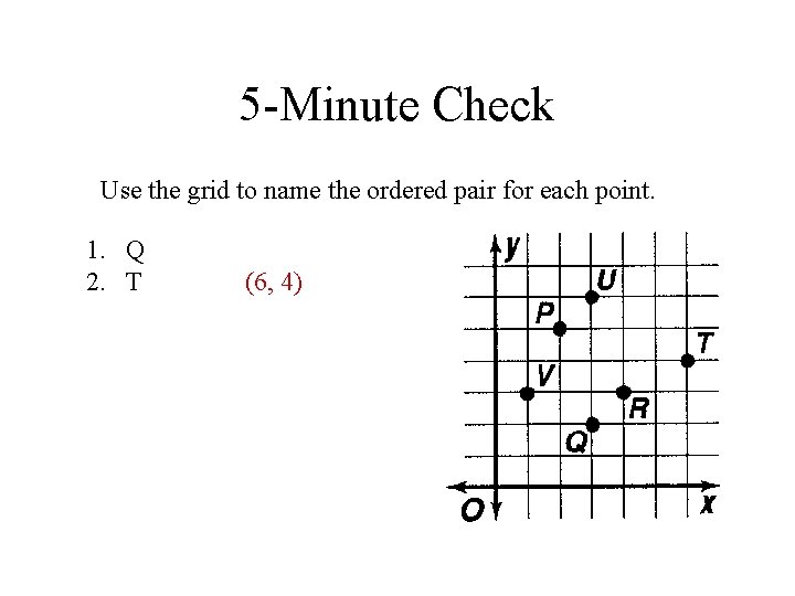 5 -Minute Check Use the grid to name the ordered pair for each point. 5 -Minute Check Use the grid to name the ordered pair for each point.