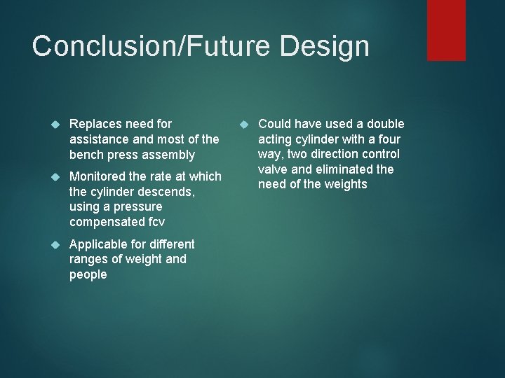 Conclusion/Future Design Replaces need for assistance and most of the bench press assembly Monitored