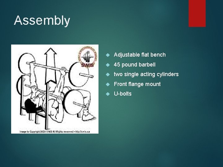 Assembly Adjustable flat bench 45 pound barbell two single acting cylinders Front flange mount