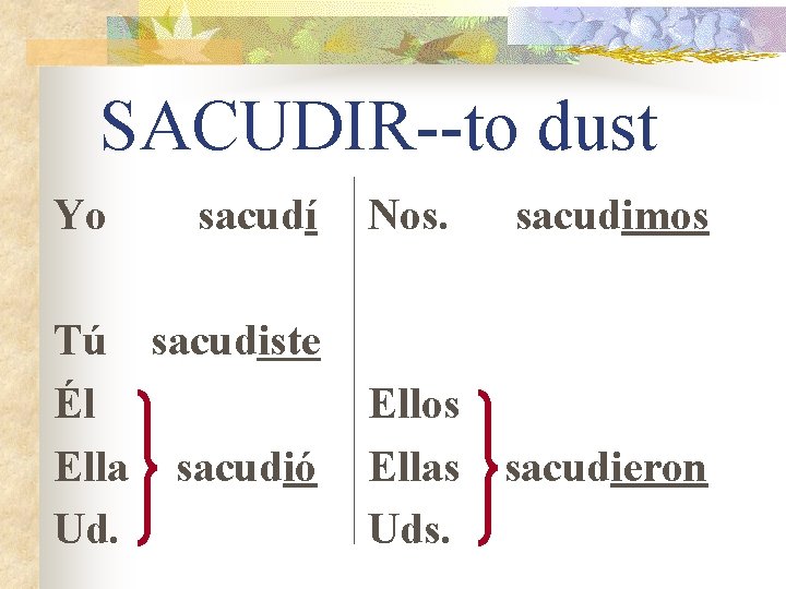 SACUDIR--to dust Yo sacudí Nos. sacudimos Tú sacudiste Él Ella sacudió Ud. Ellos Ellas